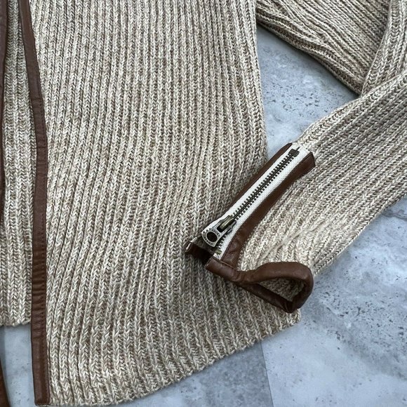 Cardigan Sweater Size Medium M Beige Open Front Faux Leather Trim - Picture 4 of 8